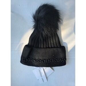 NWT Adrienne Landau Womens Crystal Pom Pom Beanie | Cozy Luxe Winter Hat – Black